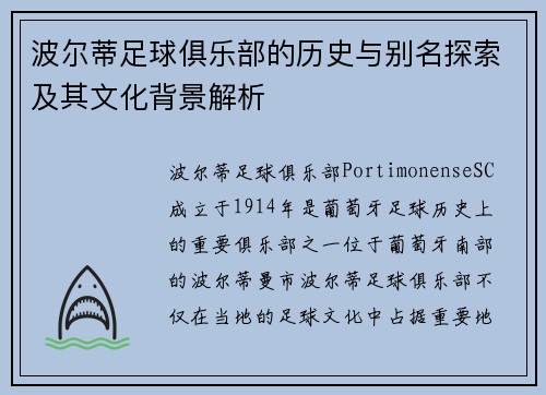 波尔蒂足球俱乐部的历史与别名探索及其文化背景解析