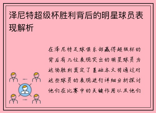 泽尼特超级杯胜利背后的明星球员表现解析 泽尼特超级杯胜利背后的明星球员表现解析
