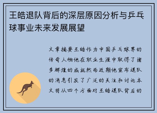 王皓退队背后的深层原因分析与乒乓球事业未来发展展望