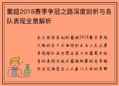 葡超2018赛季争冠之路深度剖析与各队表现全景解析 葡超2018赛季争冠之路深度剖析与各队表现全景解析